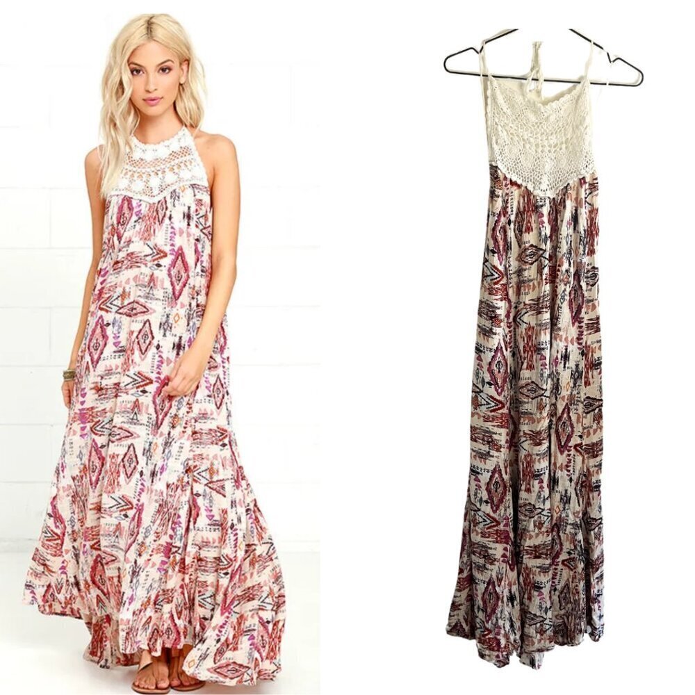 Billabong Beige Shine On Geo Print Low Back Breezy Crochet Halter Maxi Dress